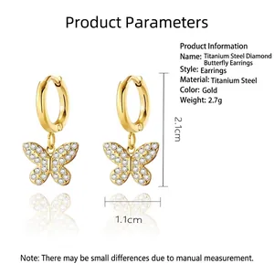 Gold plated stainless steel butterfly hoop earrings with sparkling cubic zirconia pave