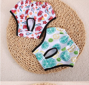 Detail of pet physical pants with cute fruit prints and elastic waistband with tail hole