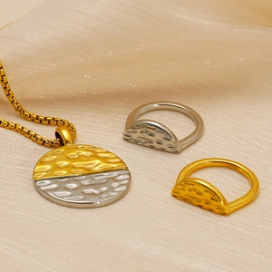Necklace And Ring Hammered Texture 304 Stainless Steel 18K Gold Plated Two Tone Minimalist Geometric Fashion For Women