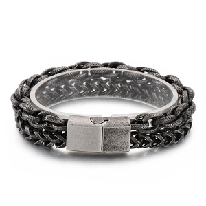 Retro punk rock men's braided stainless steel bracelet with vintage silver finish