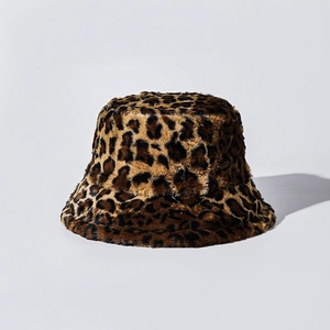 Close-up detail of soft faux fur texture on this leopard print winter bucket hat
