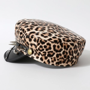 Detail shot of leopard print PU leather military hat with punk metal studs and spikes