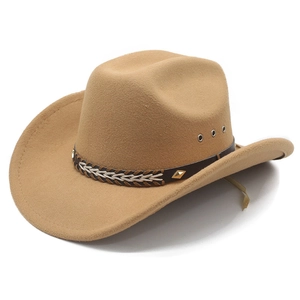 Classic American Western cowboy hat in camel felt with brown leather trim and metal rivets