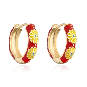 Elegant gold-plated flower hoop earrings with red enamel and colorful daisy motifs
