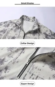 Detail von Stehkragen und Silber-Metall-Reißverschluss an strukturierter Camouflage-Jacke