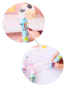 Detailed view of creative 10-color ballpoint pen with cartoon animal topper for students