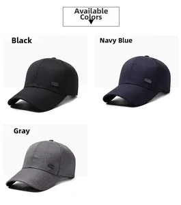 Three-color outdoor baseball caps in black, navy, and grey with peak metal logo