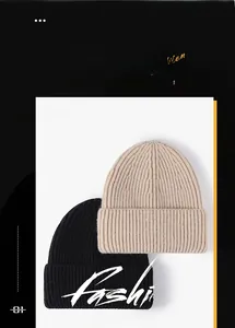 Detailed knit texture of black and beige winter beanies with wide folded cuffs