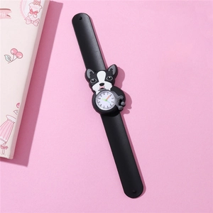 Close-up of kids slap watch with black silicone strap and French bulldog character