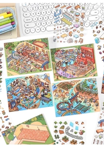 Detailed 2.5D isometric decorative stickers with cute animal scenes and DIY cafe themes