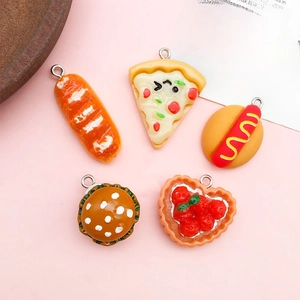 Set of miniature resin food charms including burger pizza and bread with metal rings