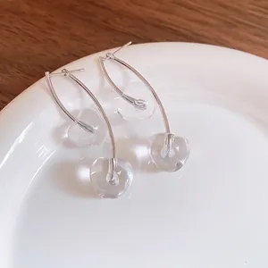 Elegant cherry fruit drop earrings with clear resin charms and silver long hooks for women