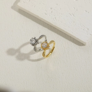 Luxury 14K gold plated flower zircon rings in gold and silver with open band design