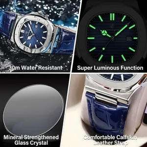 Poedagar ultra-thin men's quartz watch with blue leather strap and luminous octagon dial