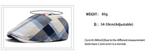 Size guide for plaid flat cap showing weight 85g and adjustable 54-59cm circumference