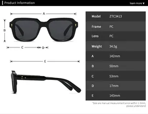 Detailed technical specifications and dimensions of the round PC frame sunglasses