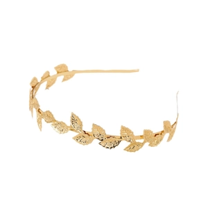 Golden leaf crown headband with metallic foliage design on a white background