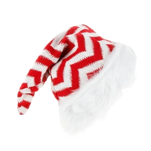 Plush red and white wavy knitted Santa hat with thick white faux fur trim and pompom