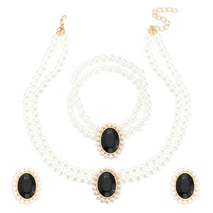 Parure de bijoux en perles double couche avec pendentif en pierre noire et boucles