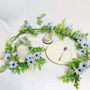 Light blue faux daisy flower garland with green leaves for home wedding table decor