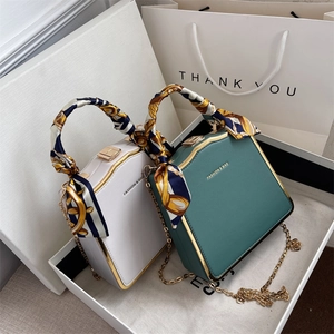 Women Box Handbag PU Leather Gold Metal Frame Scarf Wrapped Handle Chain Crossbody Shoulder Purse Elegant Vintage Style