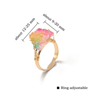 Adjustable gold wire wrapped ring with irregular pink and yellow raw crystal stone