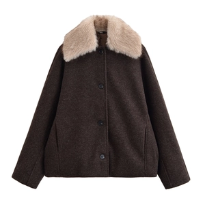 Women's dark brown wool coat featuring a plush detachable beige fur collar and classic buttons