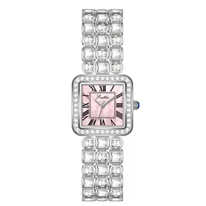 Women Square Quartz Watch Rhinestone Inlaid Alloy Bracelet Roman Numerals Mother Of Artificial Pearl Dial Retro Luxury Fashion