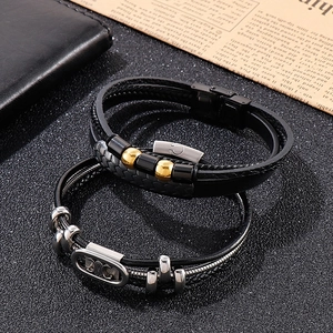 Men's multilayer braided leather bracelet with stainless steel accents in premium set