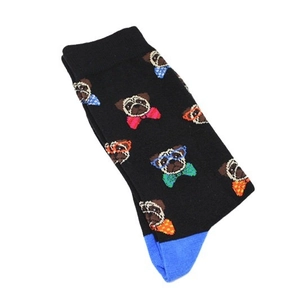 Black mid-calf knit socks with cartoon pug patterns and contrasting blue toe design
