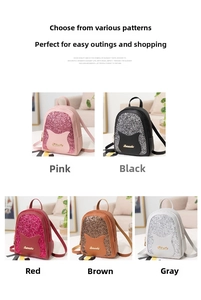 Five colors of mini sequin cat backpacks in pink, black, red, brown and grey finishes