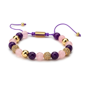 Adjustable hand-woven bracelet with natural pink and purple stone beads and gold accents