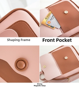 Detail view of pink PU leather bag featuring magnetic closure and front pocket design