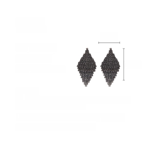 Detailed view of geometric rhombus earrings with black rhinestones and silver needles