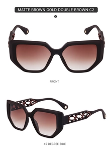 Detailed front and 45-degree side views of matte brown gold cat-eye sunglasses