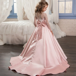 Robe de princesse rose pour fille avec grand nœud, corsage en dentelle et longue traîne