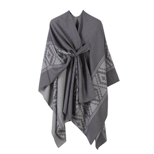 Graues doppelseitiges Poncho-Cape mit Streifenmuster und geometrischer Borte für Damen