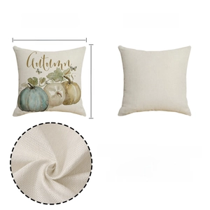 Linen autumn pumpkin pillow cover 18x18 with harvest print and 100% polyester fabric view