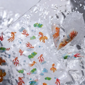 3D embossed koi fish nail art stickers with lotus leaf design and laser finish