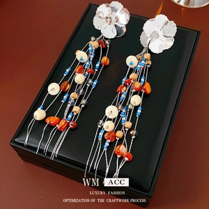 Bohemian Flower Tassel Earrings For Women With Silver Earring Post Shell Copper Glass Beads Vintage Ethnic Style Jewelry