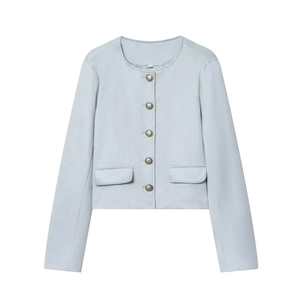 Light blue cropped tweed jacket with round neck and gold metal buttons in flat lay view