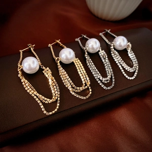 Artificial Pearl Tassel Drop Earrings Rhinestone Chain Elegant 925 Sterling Silver Earring Post Luxury Evening Jewelry Women
