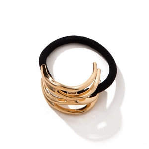 Minimalist gold geometric hair ring with layered curved metal on black elastic tie