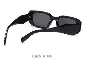 Macro view of thick black square sunglasses frame showing hinge detail and size specs