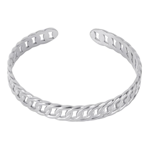 Detailed close-up of a silver Cuban link textured stainless steel open cuff bracelet