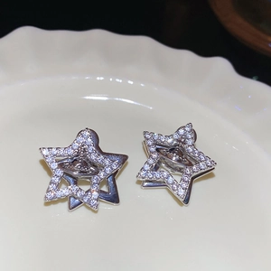 Detailed view of silver star earrings with white zircon and Saturn element on a ceramic tray
