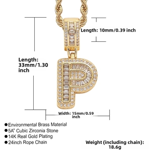 Detail of P letter pendant with 5A cubic zirconia stones and 24-inch rope chain