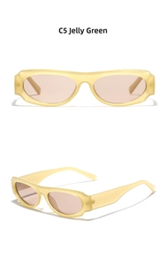 Detail view of square Y2K sunglasses in translucent jelly green with a thick resin frame