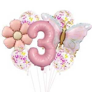Pink number 3 balloon set with daisy and butterfly balloons for girls birthday party decor