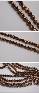 Three-panel close-up of irregular metallic bronze baroque pearls with high luster texture